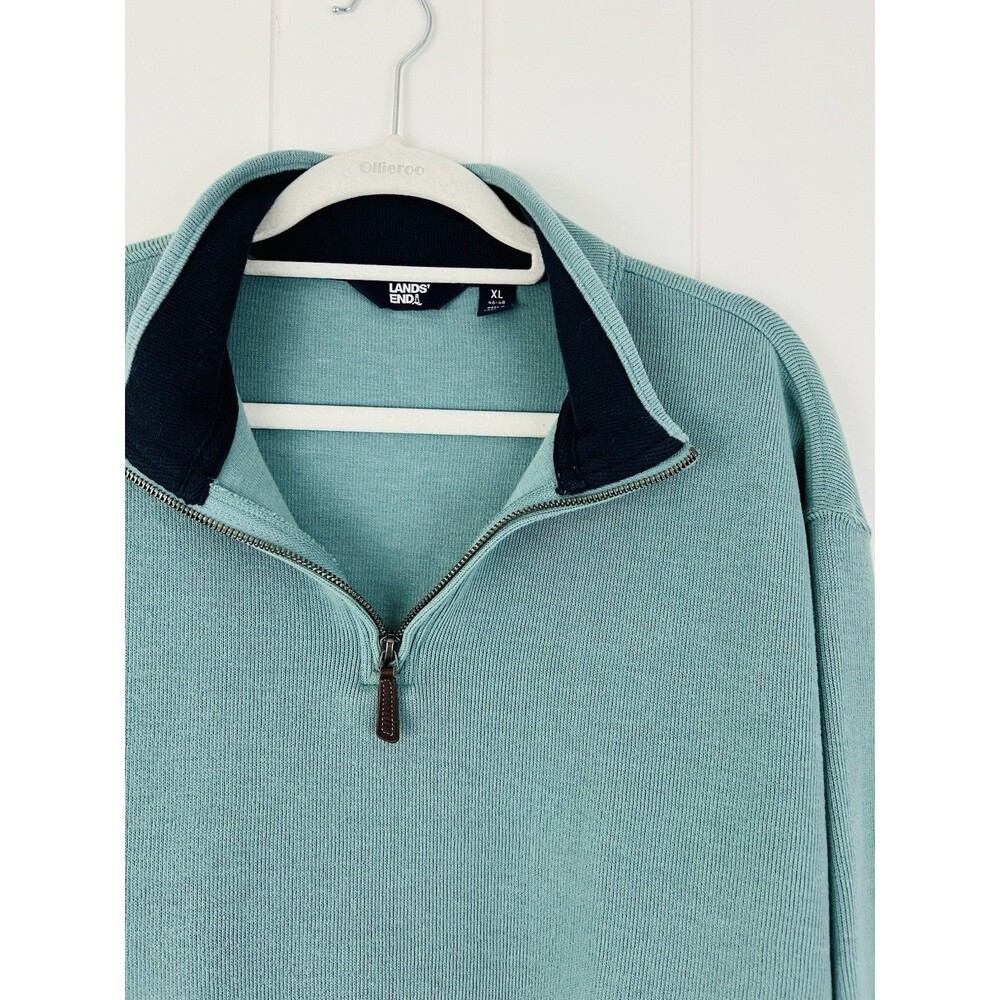 Lands' End Mens XL Blue Cotton Blend Quarter Zip Sweater Coastal Preppy Seaside